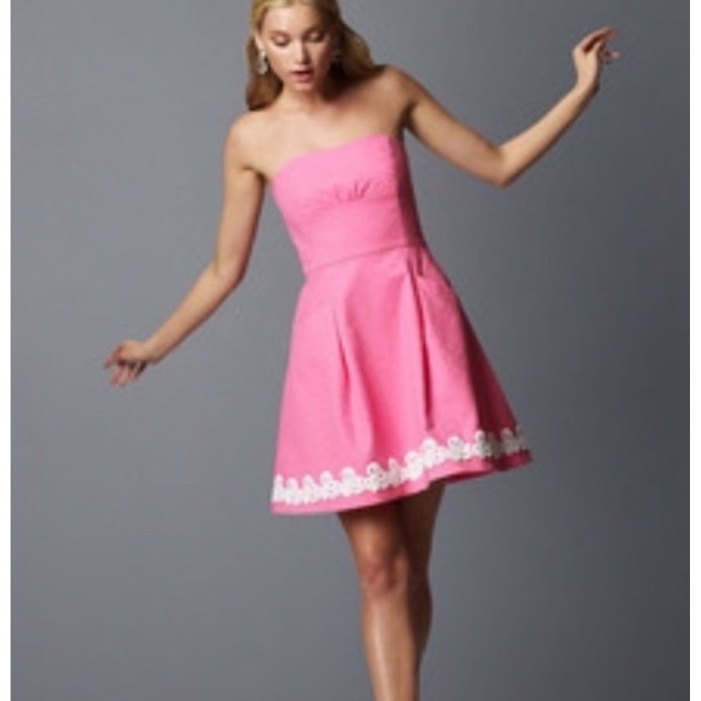 Lilly Pulitzer Pink Jacquard Strapless Mini Dress Wt Eyelet Lace Trim WM's 0 EUC